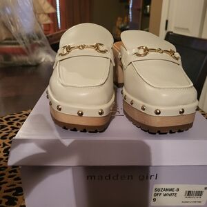 Madden Girl Cream Mules with Gold Details